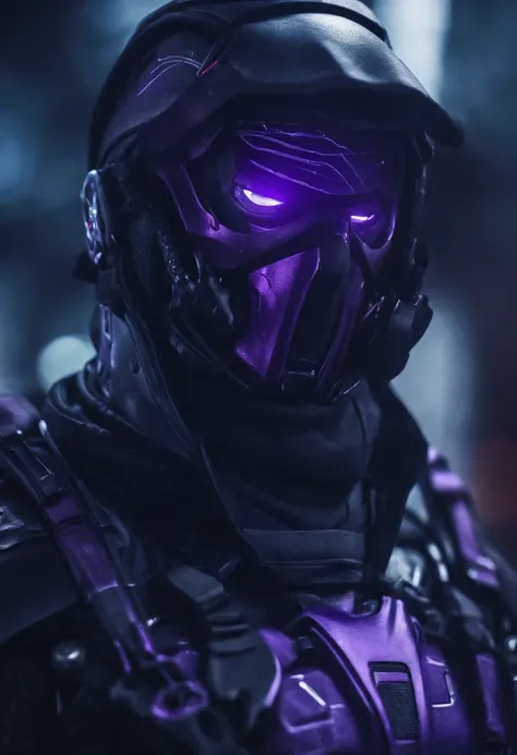 cyberpunked　male people　Half body machine　cyborgs　Full Metal Mask　Near Future Ninja　Awesome Assassin　Purple tone　Yokatana in left hand　Lonely high　Killing Machine