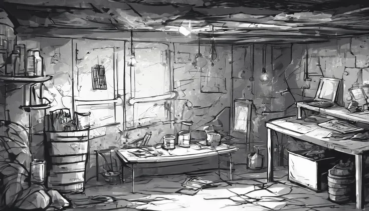 shabby concrete basement. Childrens book style. Sketchy monochromatic. black ambiance