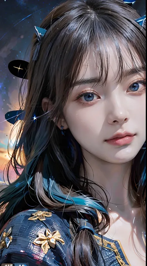 Best Quality, Detailed, 4K, Raw photo, masutepiece, Detailed face,, Stars, Planets, Galaxy, spaces,, Photo of Enisemar flying in space, Blue hair, Bangs, Long hair, Looking at Viewer,