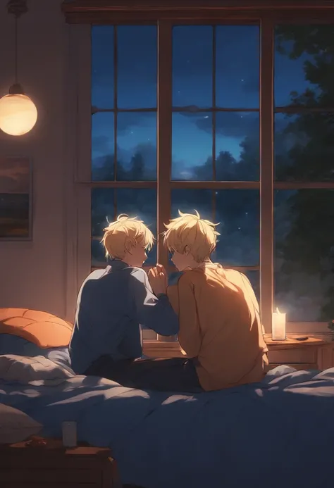 Two blonde anime boys cuddling on a blue college mattress, 19 years old, on the table is a candle, outside the window behind the bed is a window with cars driving by at night