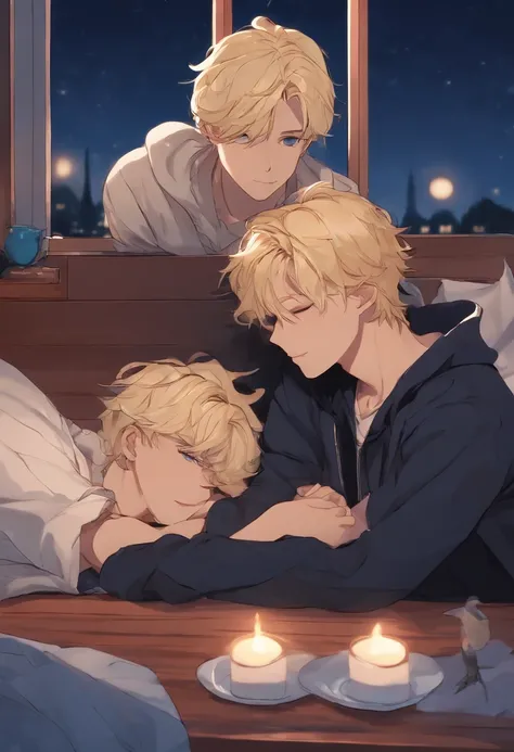 Two blonde anime boys cuddling on a blue college mattress, 19 years old, on the table is a candle, outside the window behind the bed is a window with cars driving by at night