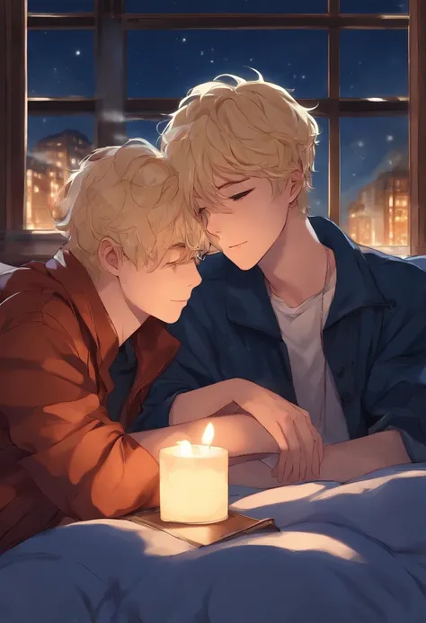 Two blonde anime boys cuddling on a blue college mattress, 19 years old, on the table is a candle, outside the window behind the bed is a window with cars driving by at night