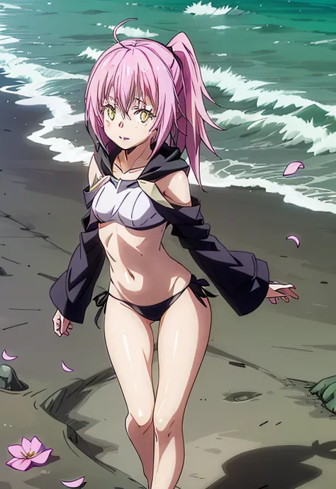 1 girl from an anime with purple hair, on the beach 1girl, solo, cute, yellow eyes, petals, pink hair, looking at the viewer ((tensura)), ((last)), wearing a short bikini, ponytail side, toned legs, thick muscular thighs, thin waist, muscular belly, standi...