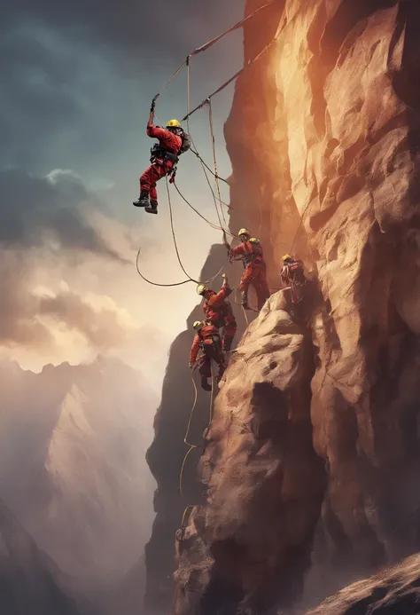 Personnel conducting rope rescue training，(A group of climbers:1.1),Rescue operations,action sports,Climbing,Cord,Courage,(Heroic rescue scene:1.2),Emergency Response Team,full body shot of, (Jaw-dropping effect), ,(Studio lighting), hyper HD,