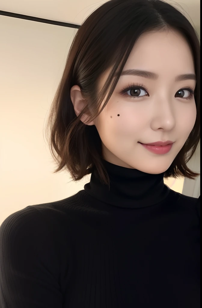 Japan woman in turtleneck sweater、
(((​masterpiece))), ((top-quality)), ((intricate detailes)), (((hyper realisitic)), Absurd resolution, Near and far law, ighly detailed, Realistic, 1girl in, ((Colossal tits)), perfect hand, Detailed finger, beatiful deta...