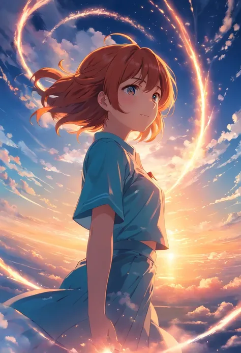 Asuka Tenjouin masterpiece, best quality, movie still, 1girl, cloud girl, floating in the sky, close-up, bright, happy, warm soft lighting, sunset, (sparks:0.7)