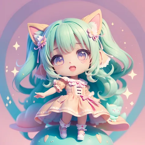 Chibi olhou para cima, Inclinada, bolhas ao redor, Kawaiitech, kawaii, fofo, pastels colors, best quality, alegria, mangas compridas