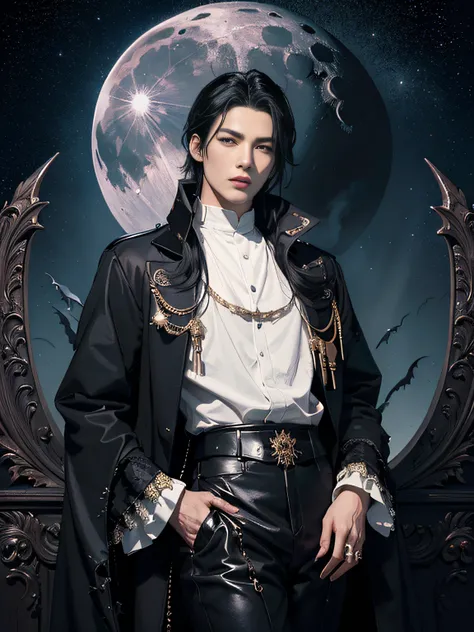 (a black haired female and a black haired male vampire) (masterpiece、top-quality、top-quality、Detailed and complex、official art、aesthetically pleasing:1.3)、(Lee Min Ho look) (realistic art:1.3)、black coat, white shirt, gold accessories, gothic castle backgr...