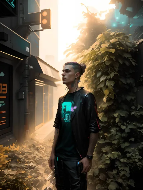 change the background into cyberpunk theme, make the guy stylish , add some good details on face, make it look realistic and quality will be 8k.