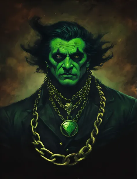 Painting of a man with a green face and a chain around his neck, retrato verde do duende, Frankenstein bonito, Retrato do Professor Sinistro, O Homem de Areia da Graphic Novel, estilo gerald brom, O Duende Verde, Duende Verde, inspirado em Samuel Hieronymu...