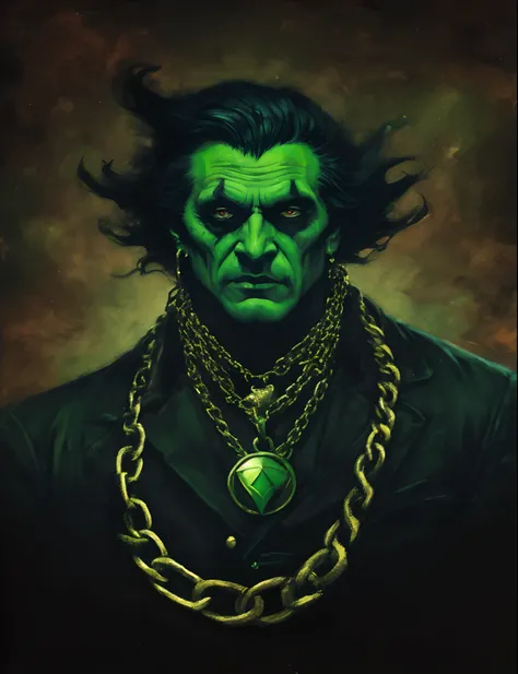 Painting of a man with a green face and a chain around his neck, retrato verde do duende, Frankenstein bonito, Retrato do Professor Sinistro, O Homem de Areia da Graphic Novel, estilo gerald brom, O Duende Verde, Duende Verde, inspirado em Samuel Hieronymu...