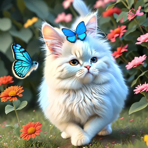 Persian cat chasing blue butterfly、In the garden there is red、de cor laranja、yellow、green、Blue variety of flowers，And the little squirrel