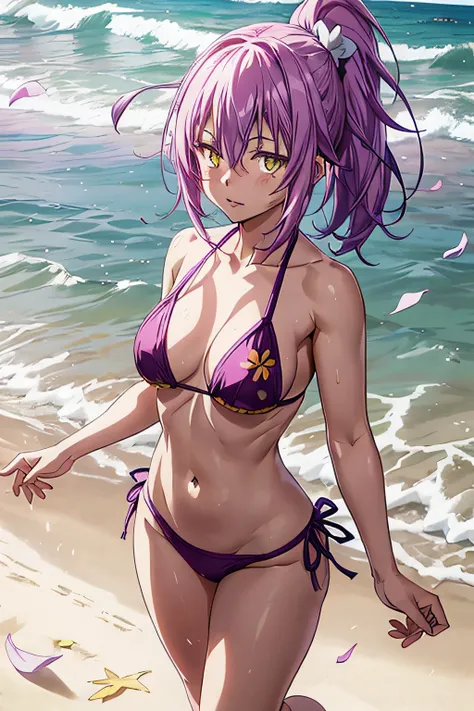 1 girl from an anime with purple hair, on the beach 1girl, solo, cute, yellow eyes, petals, pink hair, looking at the viewer ((tensura)), ((last)), wearing a short bikini, ponytail side, toned legs, thick muscular thighs, thin waist, muscular belly, standi...