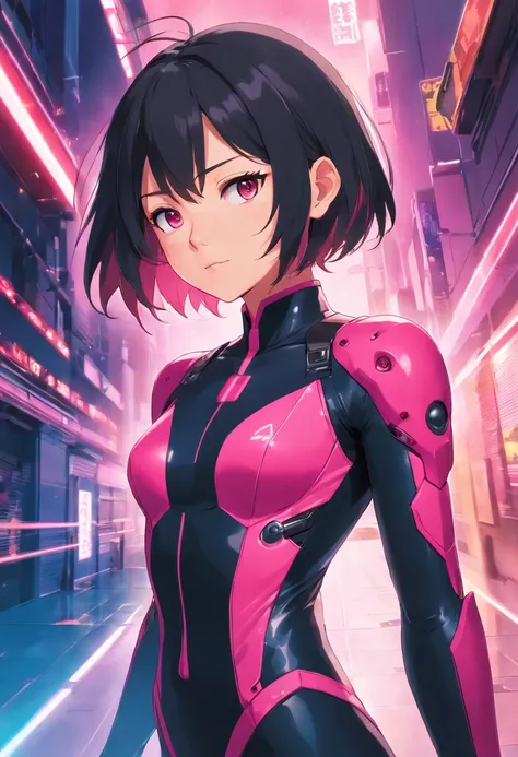 a close up of a woman in a black and pink suit, concept art inspired by INO, cgsociety contest winner, neo-figurative, in spandex suit, streamlined pink armor, slick pink armor, bubblegum body, fullbodysuit, tight full body suit, laserpunk fullbodysuit, cy...