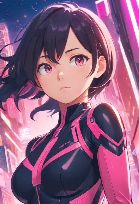 a close up of a woman in a black and pink suit, concept art inspired by INO, cgsociety contest winner, neo-figurative, in spandex suit, streamlined pink armor, slick pink armor, bubblegum body, fullbodysuit, tight full body suit, laserpunk fullbodysuit, cy...