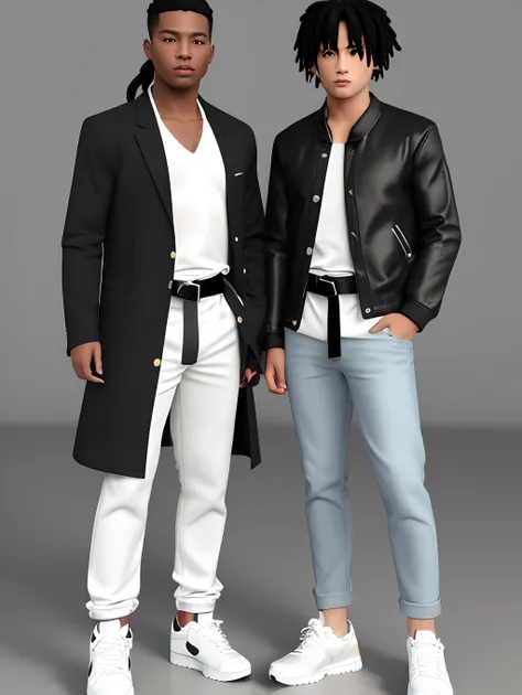 2dark skinned young boys with blue eyes and a black jacket, black dreadlocks, dreadlock style hair, in 3d style, shoes white sneakers, colored sketch, unrealistic character concept, character concept portrait of us, detailed character portrait, anime 3d st...