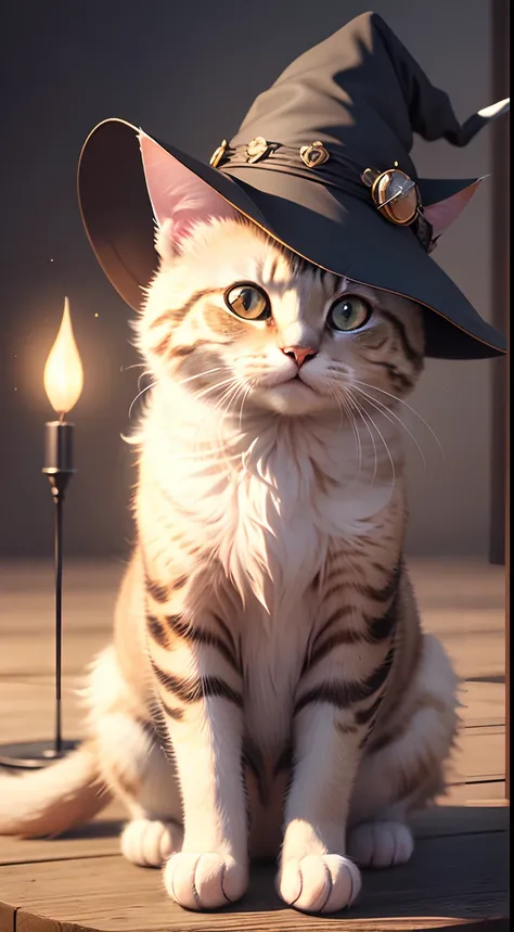 a cg render of a cute cat with a [:witch:8] hat, animal, professional imge,4k,cute, magic,magical, no_humans, spell, beautiful furr, four paws, glow