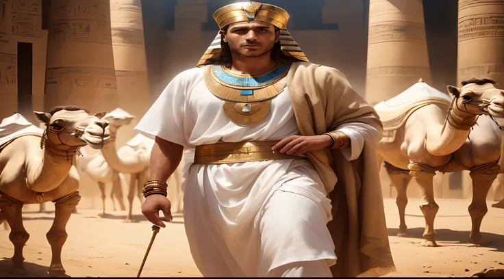 Homem no centro da imagem como o governador do Egito, ele tem um olhar fixo, this man Joseph of Egypt, This Man is dressed in typical Ancient Egyptian clothes, with a white linen tunic and a turban on his head, Hes looking forward with an expression of aut...