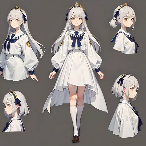 ((((gray background,)))),polka_dot, background, full body, white school uniform, front view, side view, rear view, golden eyes, glowing pupils, delicate headdress, long straight white hair, ribbon, jewelry, light smile, dress uniformly, (reference table), ...