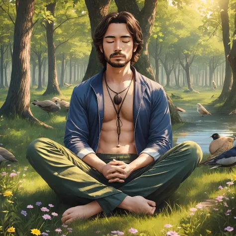 Man, meditating in the middle of the nature, plenty of birds close to him, very realistic picture, 4k, people in the background, very sunny day --auto --s2