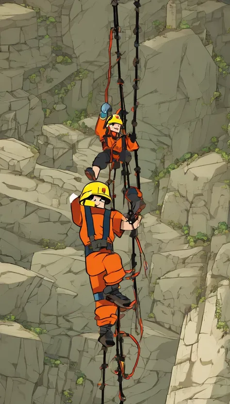 chineseidol，People who carry out rope rescue training，(A group of climbers:1.1),Rescue operations,action sports,climbing,mountain peaks,Cord,challenge,highly,Courage,(Heroic rescue scene:1.2),Emergency Response Team,full body shot of, (Jaw-dropping effect)...