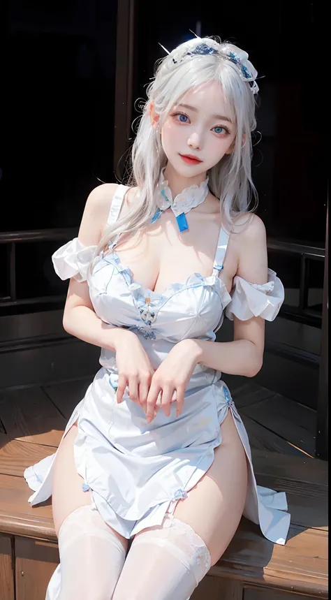 Detailed depiction of the face of a beautiful girl with white hair and blue eyes。Her white hair is smooth and、Flow over the face、Sway in the breeze to add elegance。Her blue eyes shone deeply and mysteriously.、Behind those eyes dwells intelligence and passi...