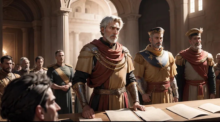 a roman general reciting an inspiring speech to his men who watch him with attention --auto