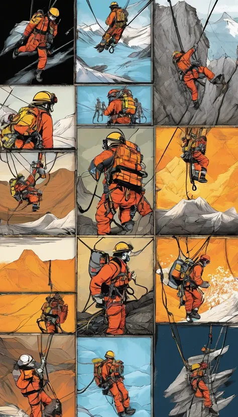 chineseidol，People who carry out rope rescue training，(A group of climbers:1.1),Rescue operations,action sports,climbing,mountain peaks,Cord,challenge,highly,Courage,(Heroic rescue scene:1.2),Emergency Response Team,full body shot of, (Jaw-dropping effect)...