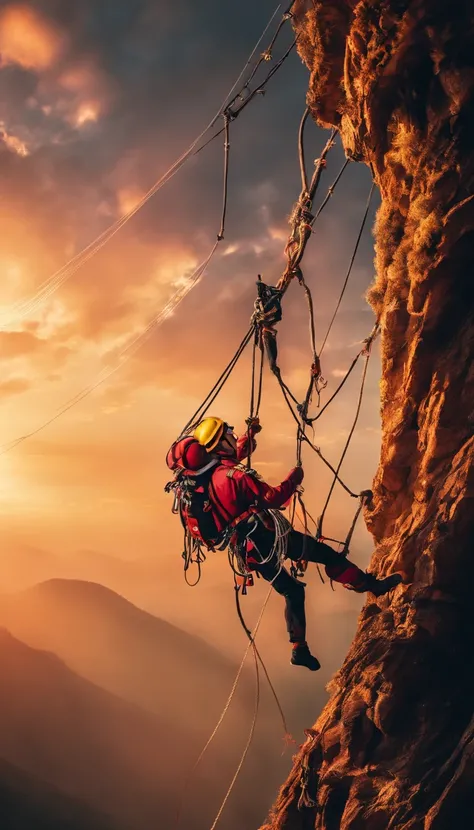 chineseidol，People who carry out rope rescue training，(A group of climbers:1.1),Rescue operations,action sports,climbing,mountain peaks,Cord,challenge,highly,Courage,(Heroic rescue scene:1.2),Emergency Response Team,full body shot of, (Jaw-dropping effect)...