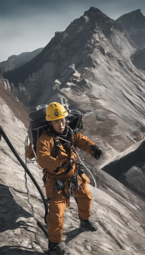 chineseidol，People who carry out rope rescue training，(A group of climbers:1.1),Rescue operations,action sports,climbing,mountain peaks,Cord,challenge,highly,Courage,(Heroic rescue scene:1.2),Emergency Response Team,full body shot of, (Jaw-dropping effect)...