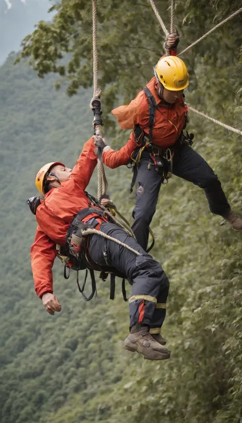 chineseidol，People who carry out rope rescue training，(A group of climbers:1.1),Rescue operations,action sports,climbing,mountain peaks,Cord,challenge,highly,Courage,(Heroic rescue scene:1.2),Emergency Response Team,full body shot of, (Jaw-dropping effect)...