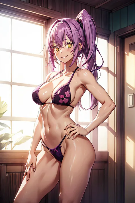 1 girl from an anime with purple hair, in the room with her hands on her hips, big ass, 1girl, solo, smiling at me, yellow eyes, petals, messy pink hair, ((tension)), ((last)), using a thong bikini, side ponytail, toned legs, thick muscular thighs, thin wa...