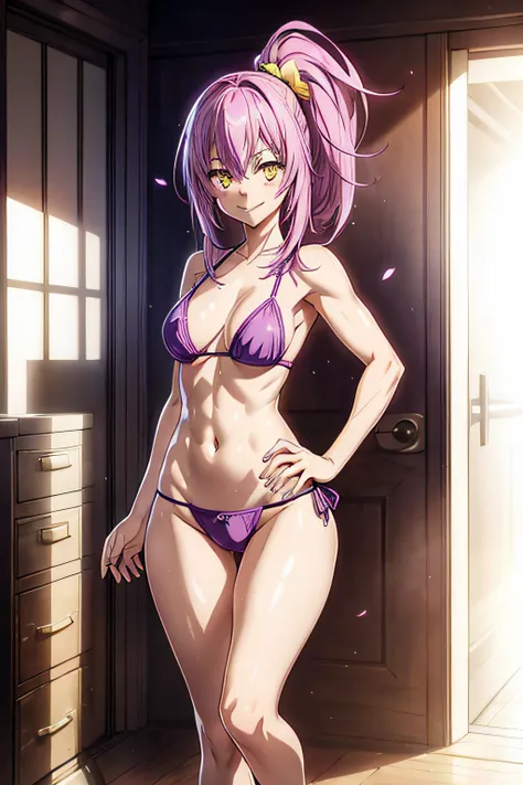 1 girl from an anime with purple hair, in the room with her hands on her hips, big ass, 1girl, solo, smiling at me, yellow eyes, petals, messy pink hair, ((tension)), ((last)), using a thong bikini, side ponytail, toned legs, thick muscular thighs, thin wa...