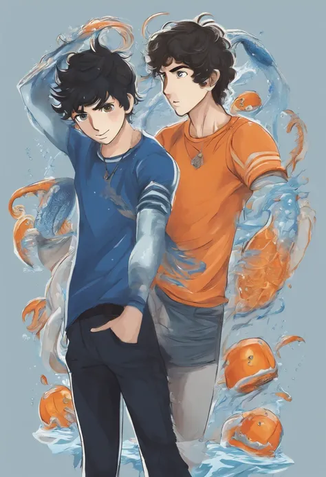 Imagem do percy jackson, um garoto com 16 anos, cabelos negros, olhos azul, with an orange t-shirt and black pants, lutando debaixo da agua,