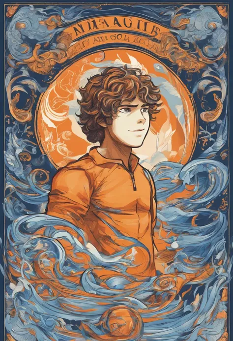 Imagem do percy jackson, um garoto com 16 anos, cabelos negros, olhos azul, with an orange t-shirt and black pants, lutando debaixo da agua,