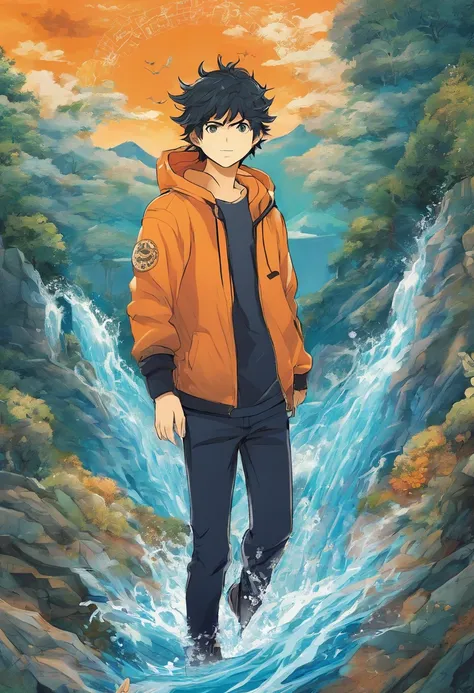 Imagem do percy jackson, um garoto com 16 anos, cabelos negros, olhos azul, with orange t-shirt and black pants, lutando debaixo da agua,