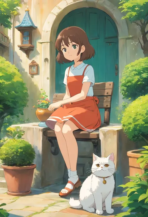 A girl sits on a chair with a round-eyed cute cat, Garden fountain, , Distant houses.