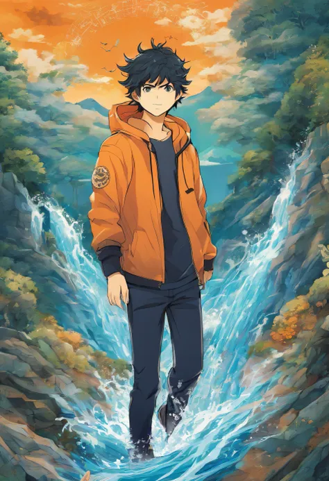 Imagem do percy jackson, um garoto com 16 anos, cabelos negros, olhos azul, with orange t-shirt and black pants, lutando debaixo da agua,