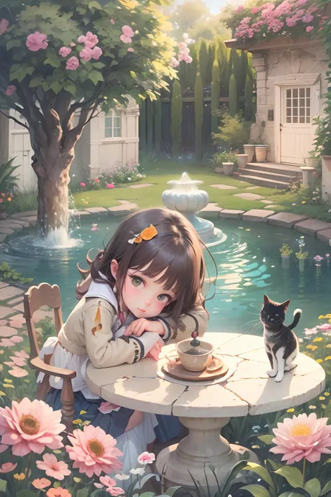 A girl sits on a chair with a round-eyed cute cat, Garden fountain, , Distant houses.