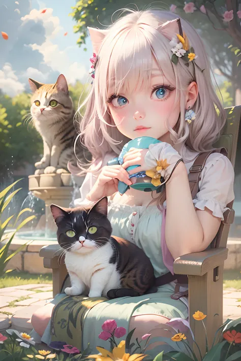 A girl sits on a chair with a round-eyed cute cat, Garden fountain, , Distant houses.