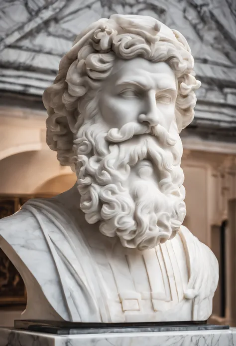 White marble statue of bust of wise man with the style of the bearded Greek philosopher in the museum. Atmosfera escura, alto contraste de luz e sombra, fotografia profissional, utrarealista, Light Volumetric, cinemactic