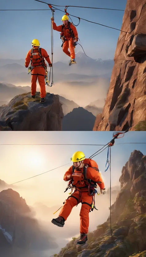 chineseidol，Personnel conducting rope rescue training，(A group of climbers:1.1),Rescue operations,action sports,Climbing,mountain peaks,Cord,challenge,highly,Courage,(Heroic rescue scene:1.2),Emergency Response Team,full body shot of, (Jaw-dropping effect)...