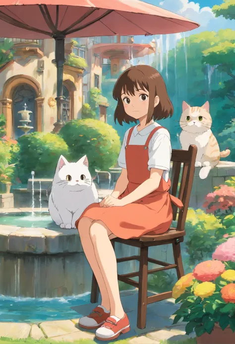 A girl sits on a chair with a round-eyed cute cat, Garden fountain, , Distant houses.