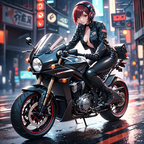 biker girl, motorcycle, Leather one-piece garment, Short hair, Dark colors, Cyberpunk, Neon lights, Red hair, Sexy, tightsuit, Night, the city street, mitts, rain