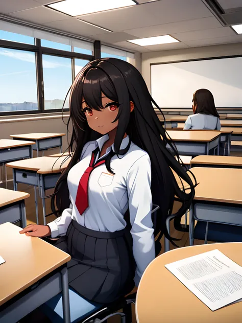 Black girl in a classroom, hyperdetailled