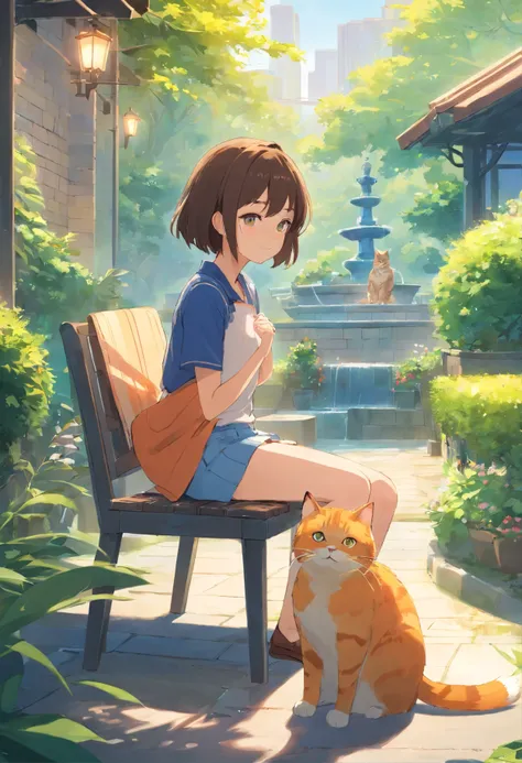 A girl sits on a chair with a round-eyed cute cat, Garden fountain, , Distant houses.