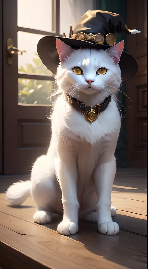 (masterpiece), white cat,a cg render of a cat [:with a witch hat, black hat:8] , cat sitting, (animal), professional imge,4k,cute, magic,magical, (no_humans:1.5), spell, beautiful furr, four paws, glow, steampunk style, golden details, beautiful tail, coll...