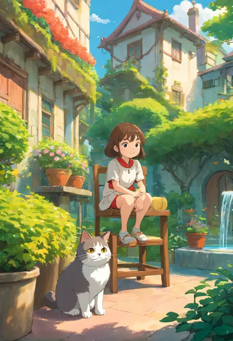 A girl sits on a chair with a round-eyed cute cat, Garden fountain, , Distant houses.