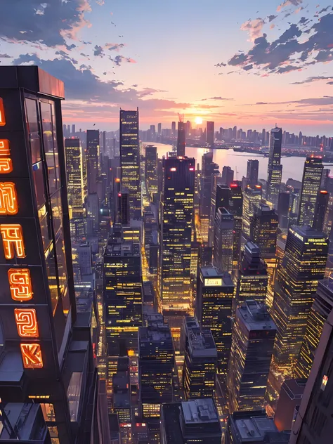 Describe a serene sunset over a tranquil lake, with the sky painted in hues of orange and pink.Illustrate a bustling, vibrant cityscape at night, with skyscrapers illuminated by neon lights.