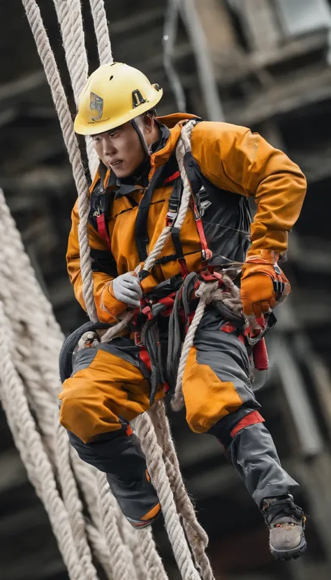 chineseidol，People who carry out rope rescue training，(A group of climbers:1.1),Rescue operations,action sports,climbing,mountain peaks,Cord,challenge,highly,Courage,(Heroic rescue scene:1.2),Emergency Response Team,full body shot of, (Jaw-dropping effect)...